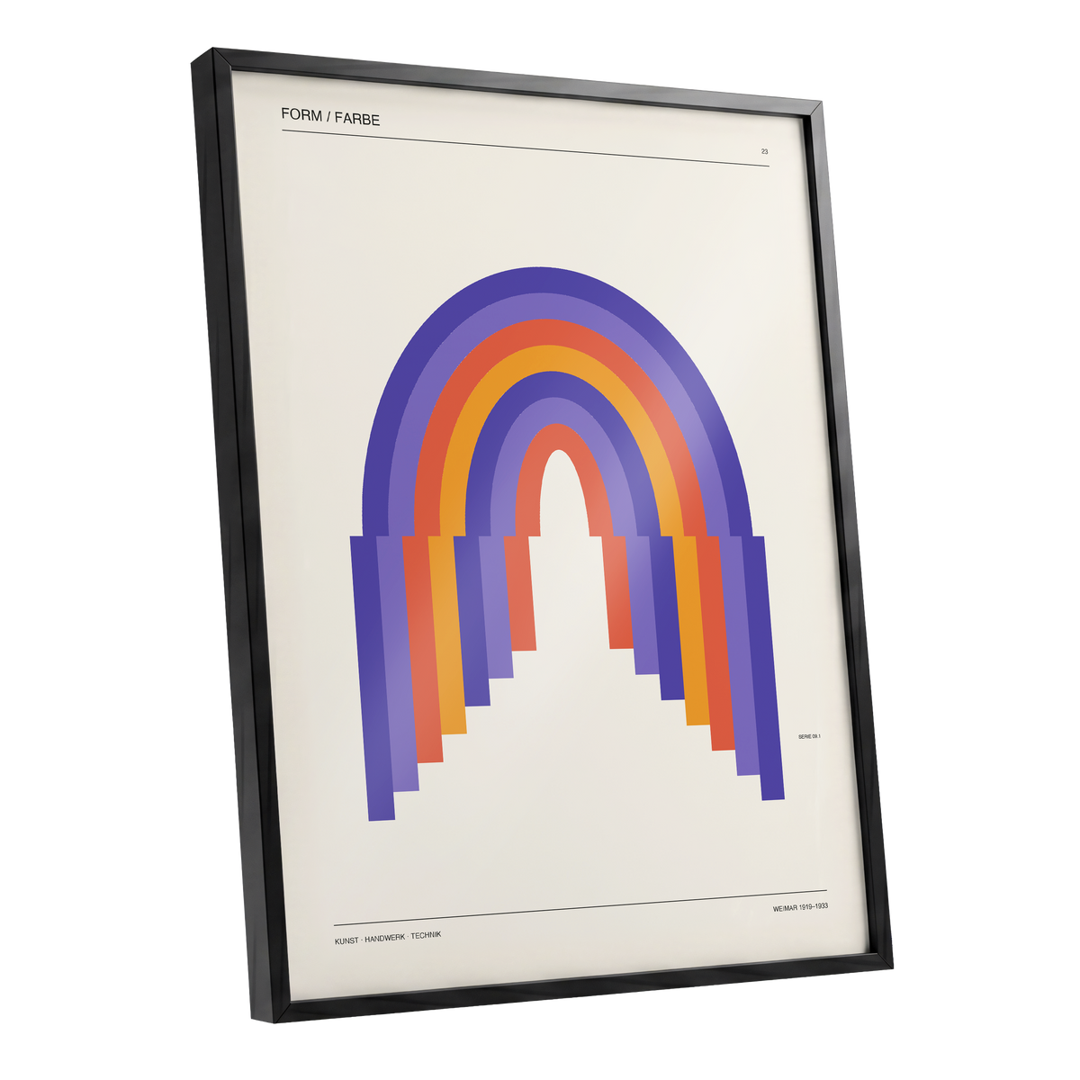 Weimar Rainbow Arches, beige, purple, orange minimalist wall art shown as a black framed poster wall art print