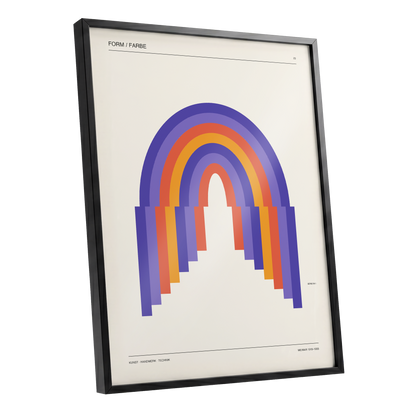 Weimar Rainbow Arches, beige, purple, orange minimalist wall art shown as a black framed poster wall art print