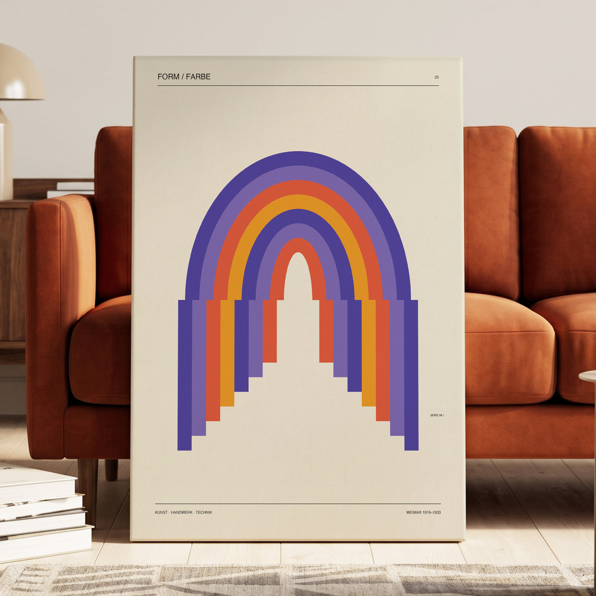 Weimar Rainbow Arches, beige, purple, orange minimalist wall art on canvas displayed in a styled interior, gallery view 1