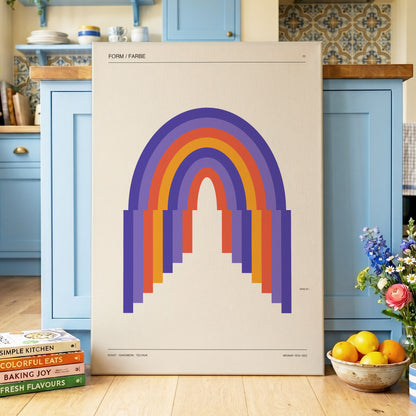 Weimar Rainbow Arches, beige, purple, orange minimalist wall art on canvas displayed in a styled interior, gallery view 2