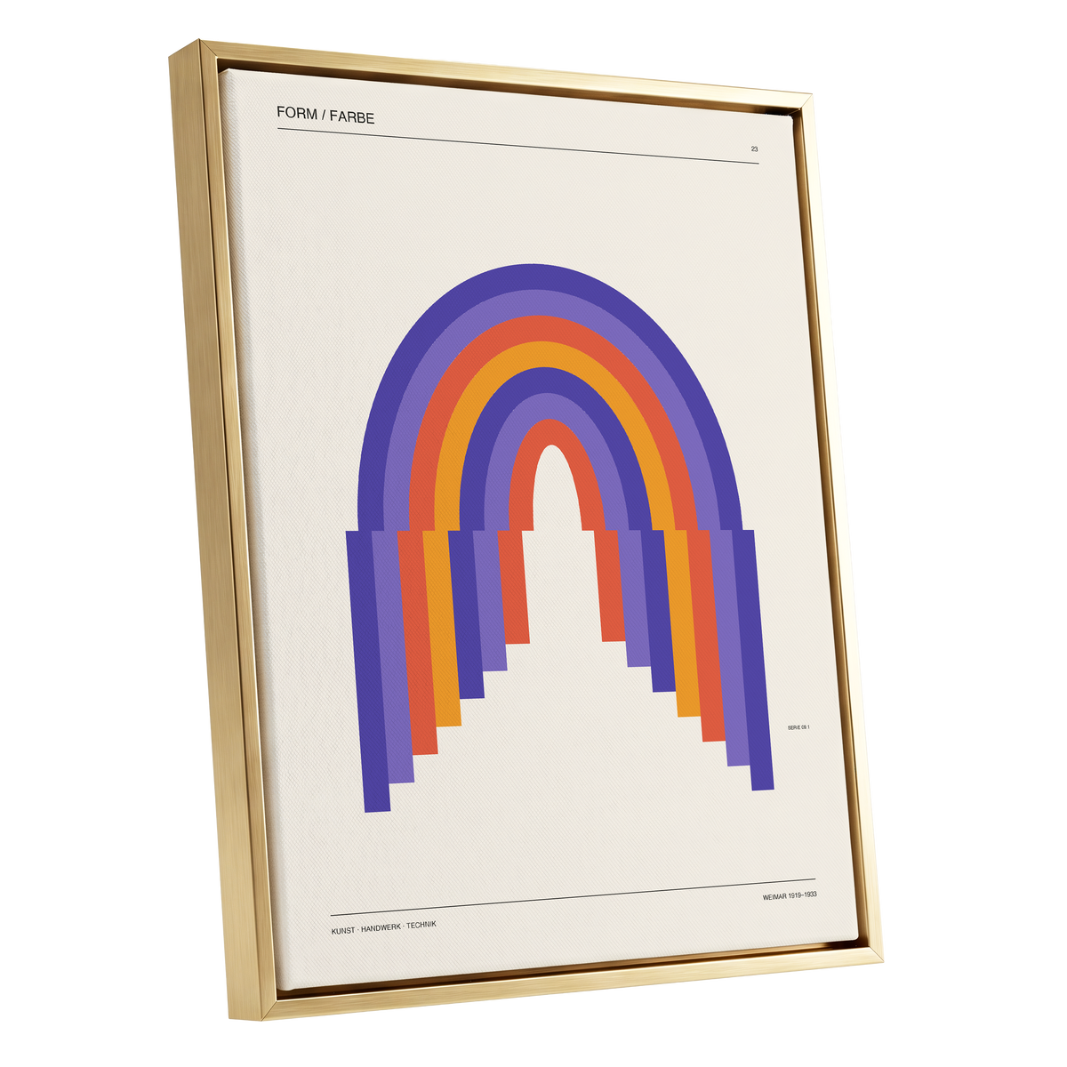 Weimar Rainbow Arches, beige, purple, orange minimalist wall art shown as a gold framed canvas wall art