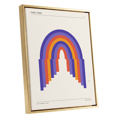 Weimar Rainbow Arches, beige, purple, orange minimalist wall art shown as a gold framed canvas wall art