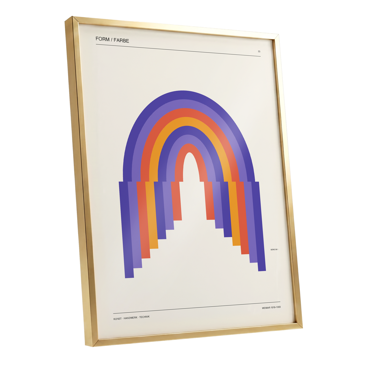 Weimar Rainbow Arches, beige, purple, orange minimalist wall art shown as a gold framed poster wall art print