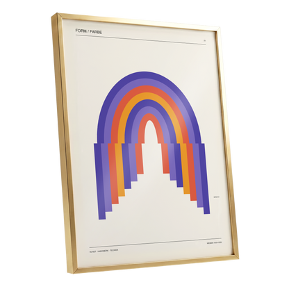 Weimar Rainbow Arches, beige, purple, orange minimalist wall art shown as a gold framed poster wall art print