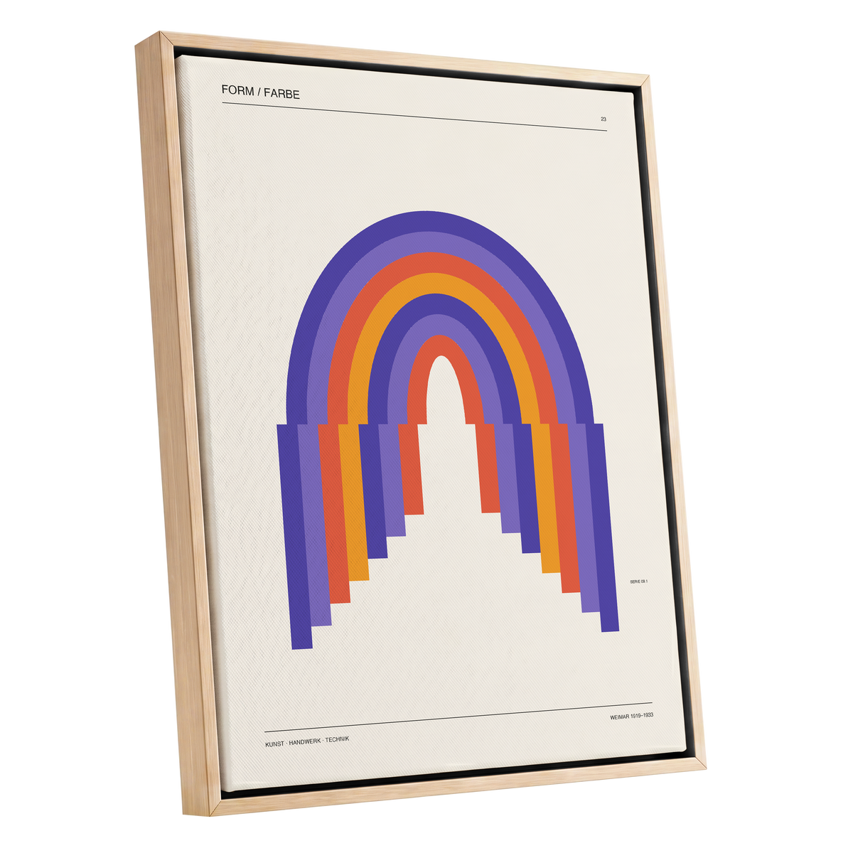 Weimar Rainbow Arches, beige, purple, orange minimalist wall art shown as a oak framed canvas wall art