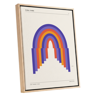Weimar Rainbow Arches, beige, purple, orange minimalist wall art shown as a oak framed canvas wall art
