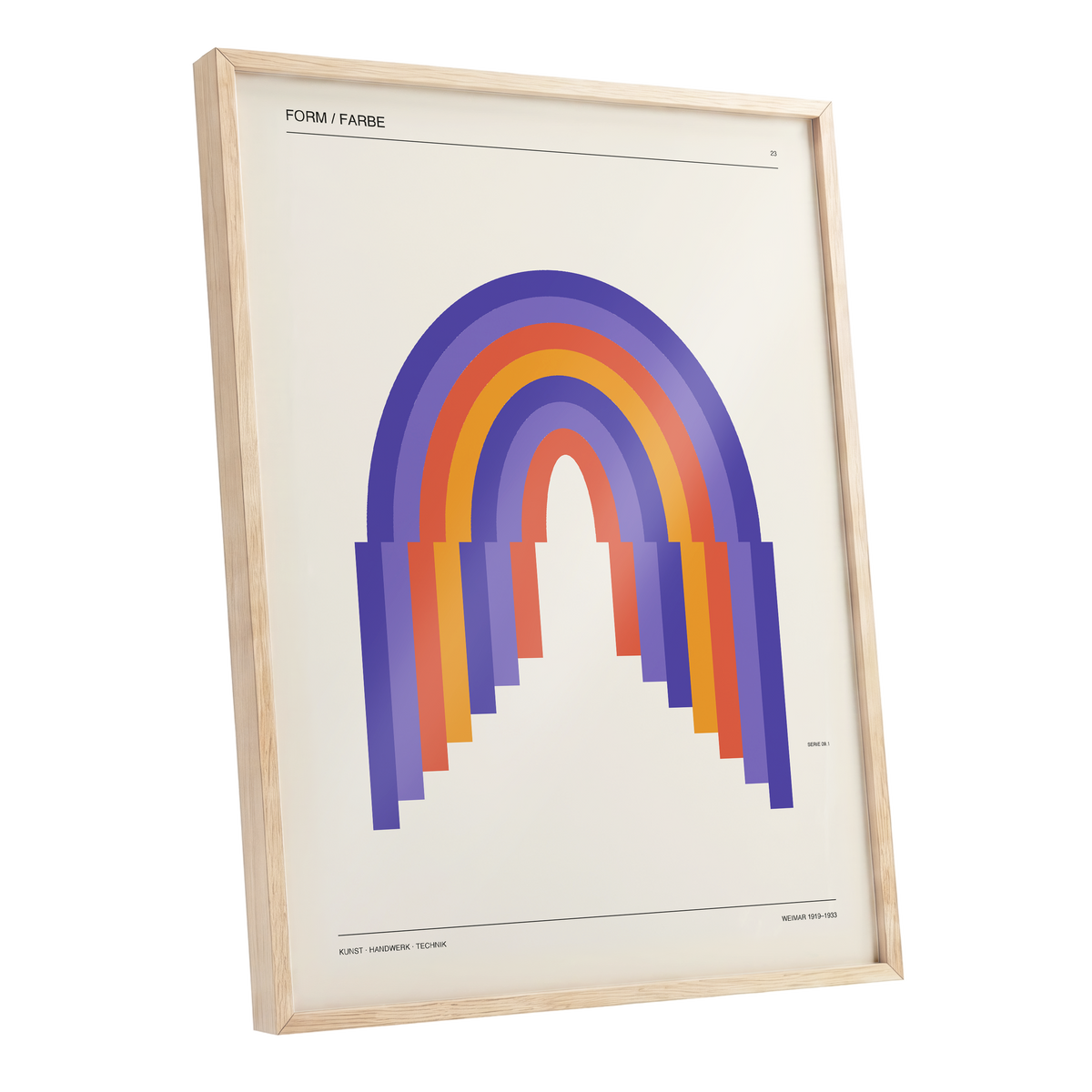 Weimar Rainbow Arches, beige, purple, orange minimalist wall art shown as a oak framed poster wall art print