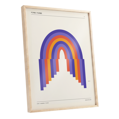 Weimar Rainbow Arches, beige, purple, orange minimalist wall art shown as a oak framed poster wall art print