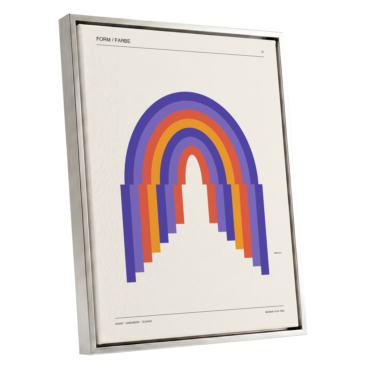 Weimar Rainbow Arches, beige, purple, orange minimalist wall art shown as a silver framed canvas wall art