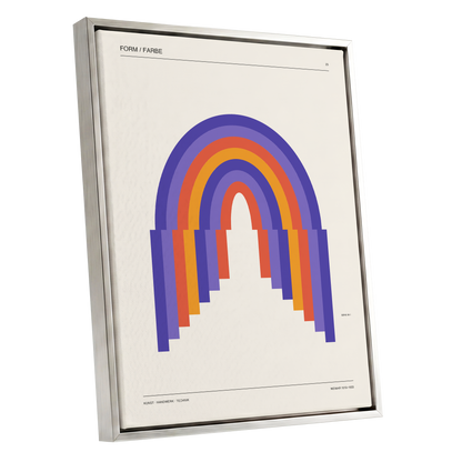 Weimar Rainbow Arches, beige, purple, orange minimalist wall art shown as a silver framed canvas wall art
