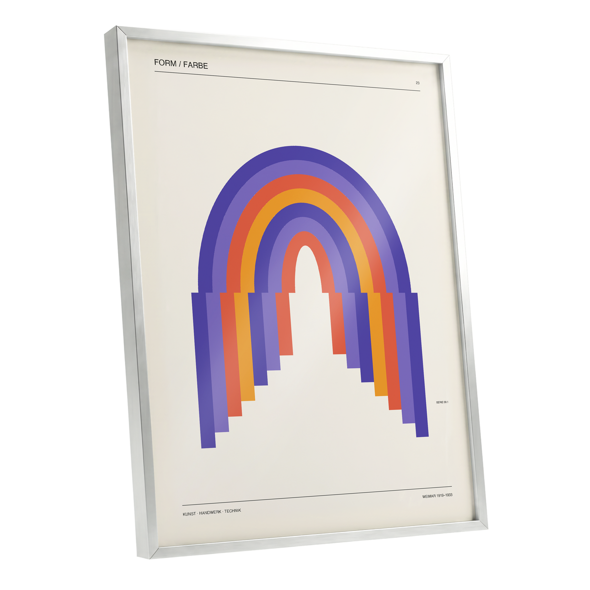 Weimar Rainbow Arches, beige, purple, orange minimalist wall art shown as a silver framed poster wall art print