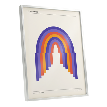 Weimar Rainbow Arches, beige, purple, orange minimalist wall art shown as a silver framed poster wall art print