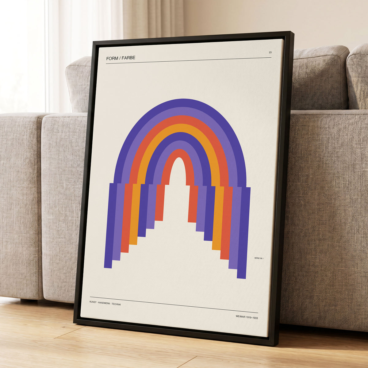 Weimar Rainbow Arches, beige, purple, orange minimalist wall art displayed in a styled interior, gallery view 1