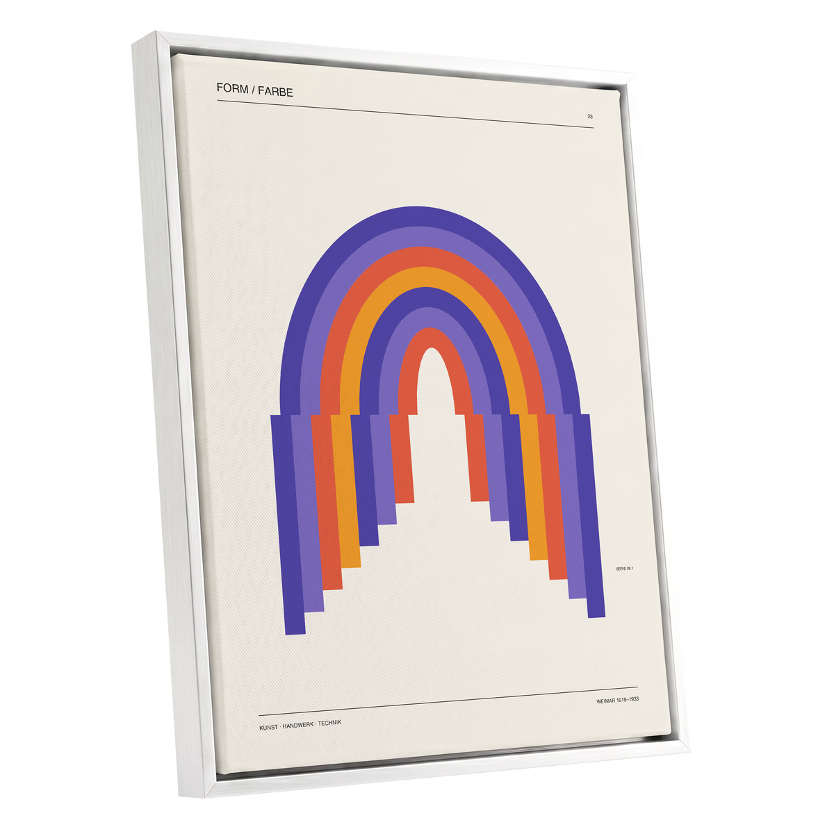 Weimar Rainbow Arches, beige, purple, orange minimalist wall art shown as a white framed canvas wall art
