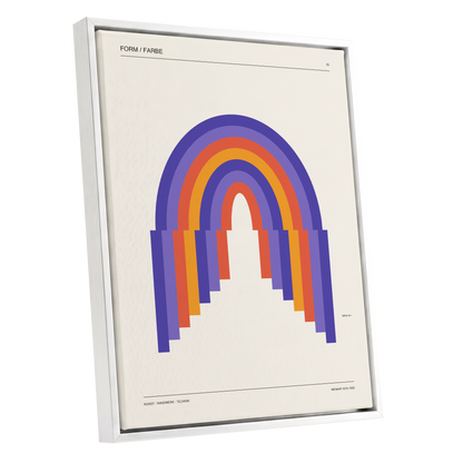 Weimar Rainbow Arches, beige, purple, orange minimalist wall art shown as a white framed canvas wall art