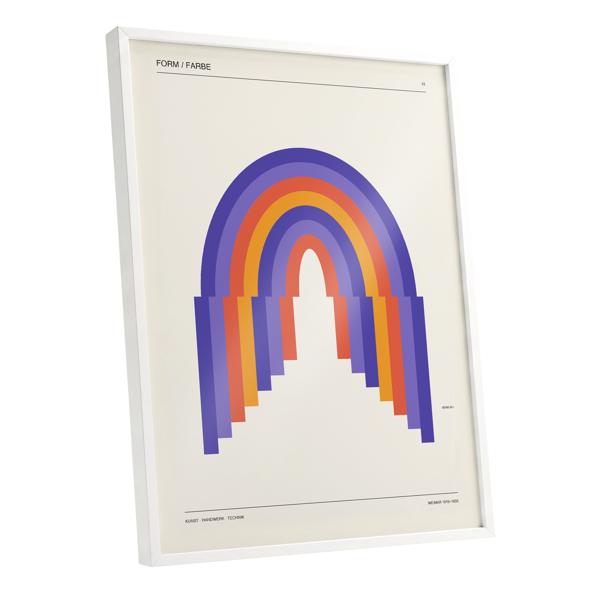 Weimar Rainbow Arches, beige, purple, orange minimalist wall art shown as a white framed poster wall art print