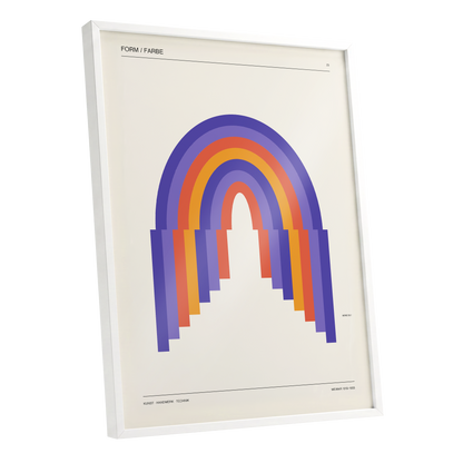 Weimar Rainbow Arches, beige, purple, orange minimalist wall art shown as a white framed poster wall art print