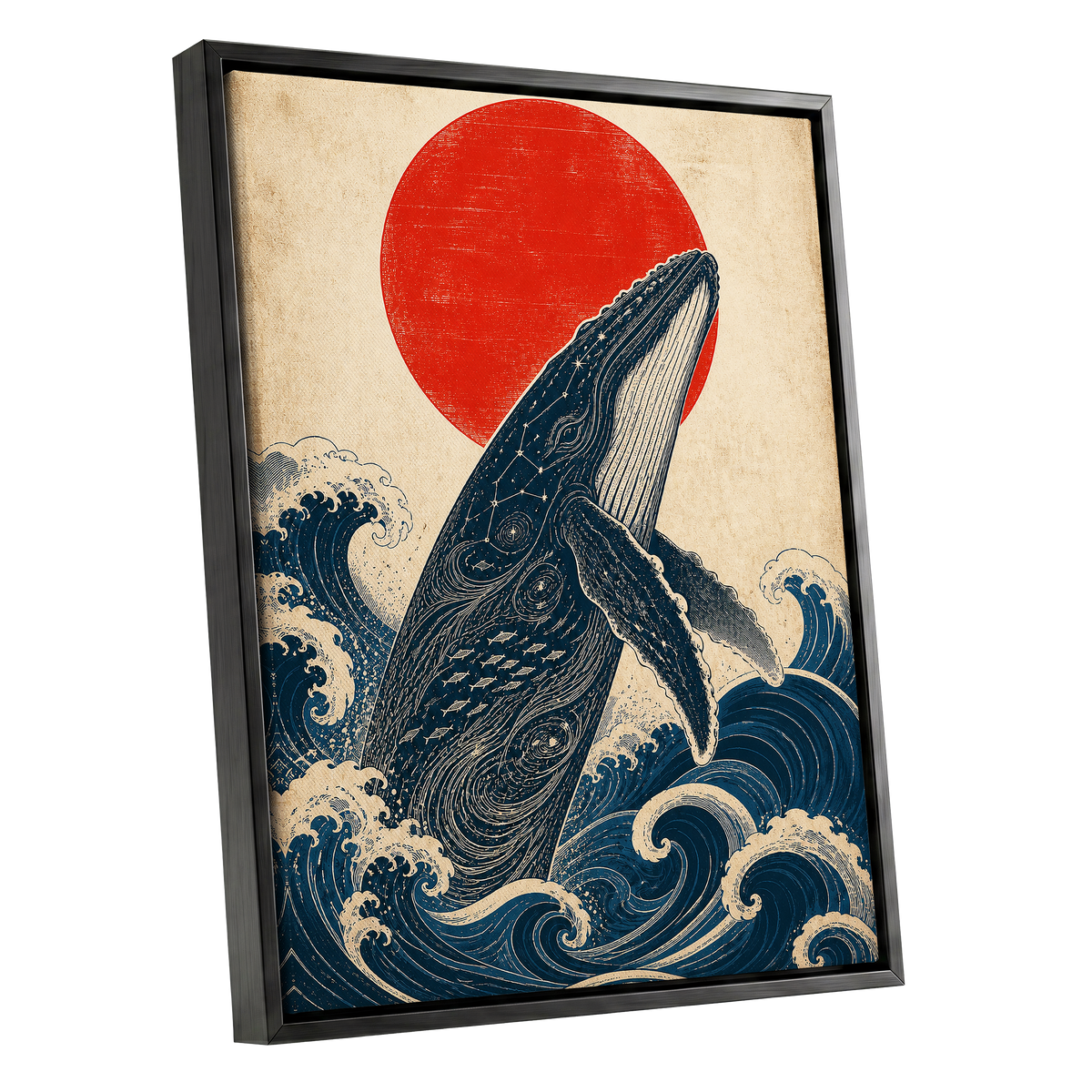 Whale of the Crimson Sun, blue, beige, red nature wall art shown as a black framed canvas wall art