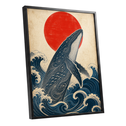Whale of the Crimson Sun, blue, beige, red nature wall art shown as a black framed poster wall art print