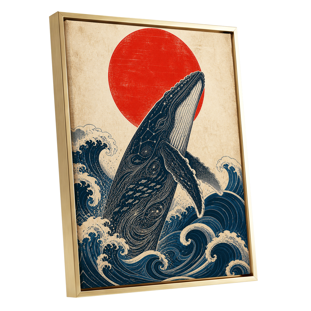 Whale of the Crimson Sun, blue, beige, red nature wall art shown as a gold framed canvas wall art