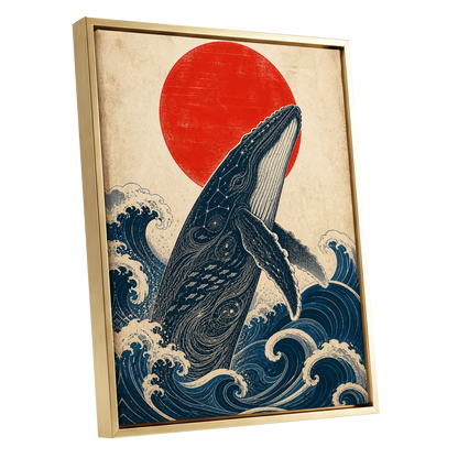 Whale of the Crimson Sun, blue, beige, red nature wall art shown as a gold framed canvas wall art