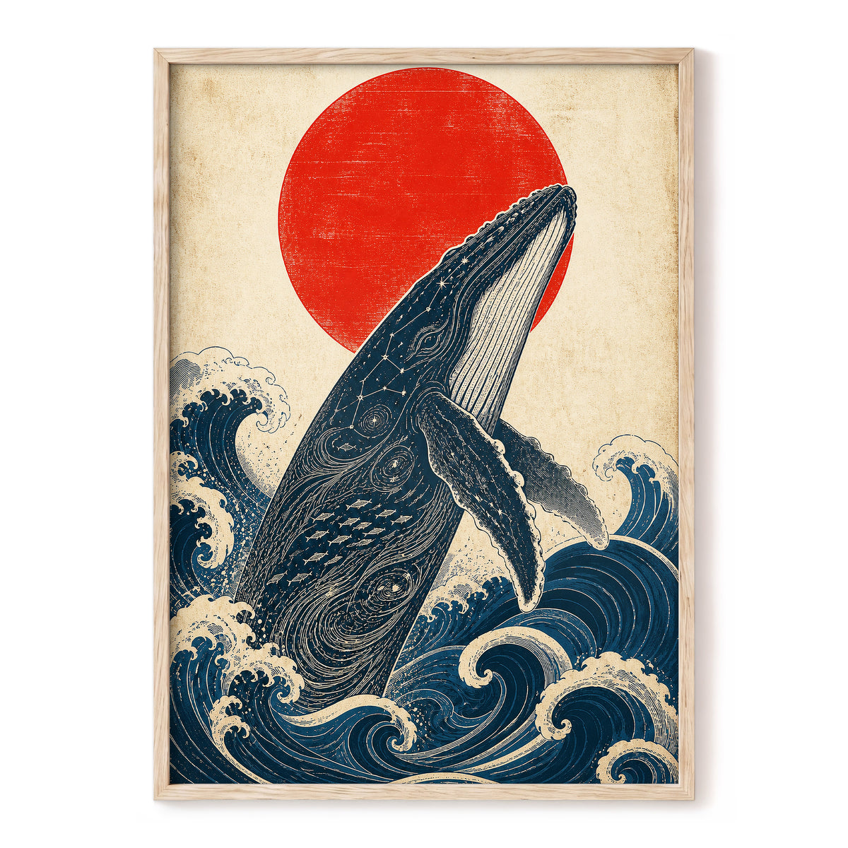 Whale of the Crimson Sun, blue, beige, red nature wall art, front artwork view