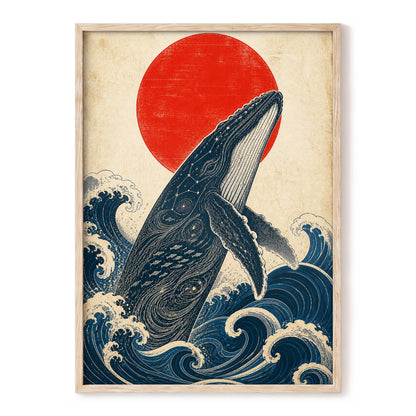 Whale of the Crimson Sun, blue, beige, red nature wall art, front artwork view