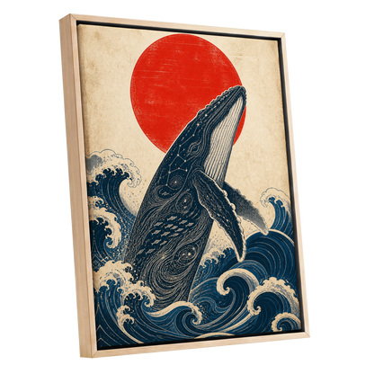 Whale of the Crimson Sun, blue, beige, red nature wall art shown as a oak framed canvas wall art