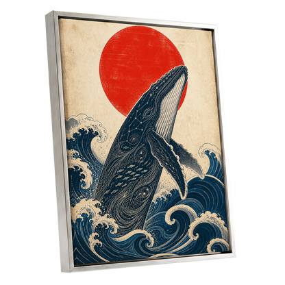 Whale of the Crimson Sun, blue, beige, red nature wall art shown as a silver framed canvas wall art