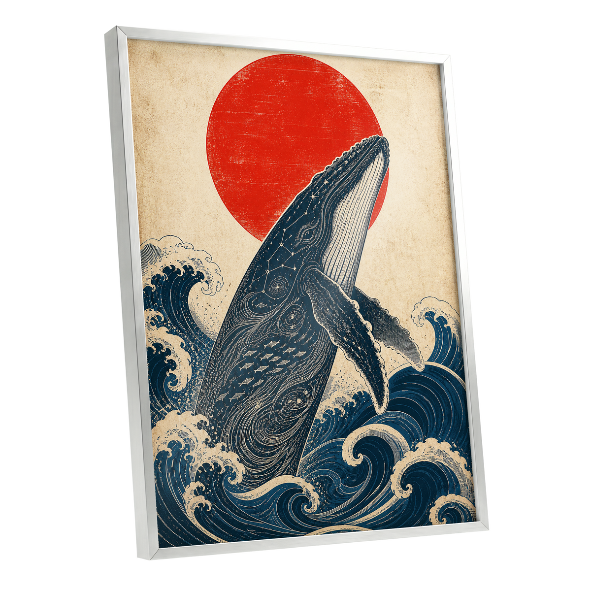 Whale of the Crimson Sun, blue, beige, red nature wall art shown as a silver framed poster wall art print