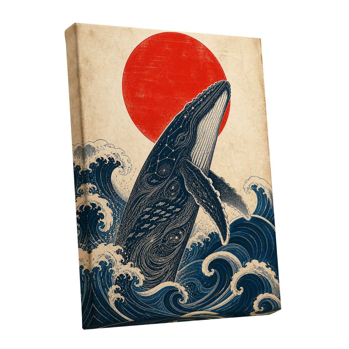 Whale of the Crimson Sun, blue, beige, red nature wall art shown as a stretched canvas wall art
