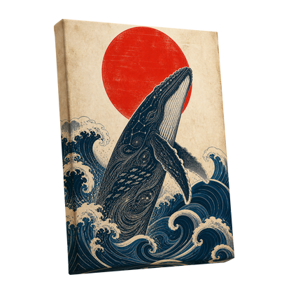 Whale of the Crimson Sun, blue, beige, red nature wall art shown as a stretched canvas wall art