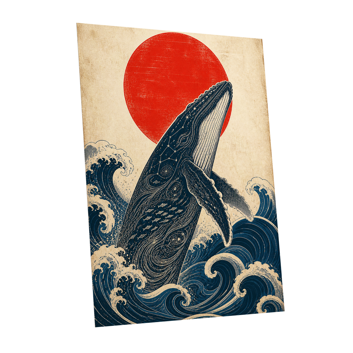 Whale of the Crimson Sun, blue, beige, red nature wall art shown as a unframed poster wall art print