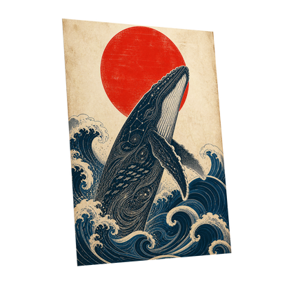 Whale of the Crimson Sun, blue, beige, red nature wall art shown as a unframed poster wall art print