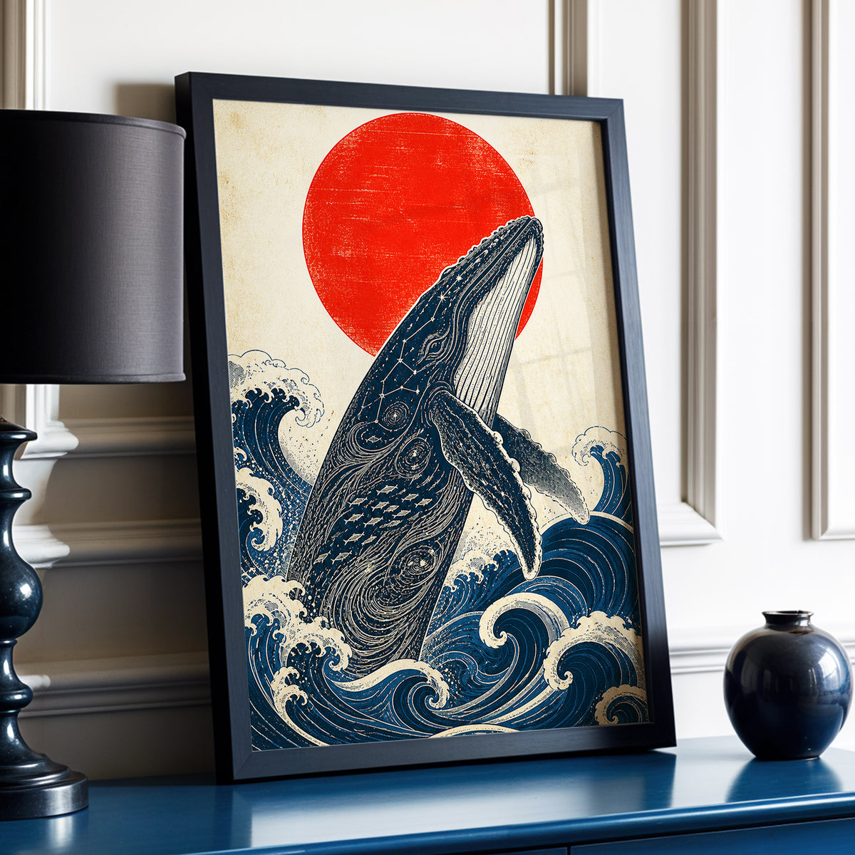 Whale of the Crimson Sun, blue, beige, red nature wall art displayed in a styled interior, gallery view 2