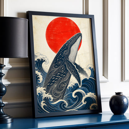 Whale of the Crimson Sun, blue, beige, red nature wall art displayed in a styled interior, gallery view 2