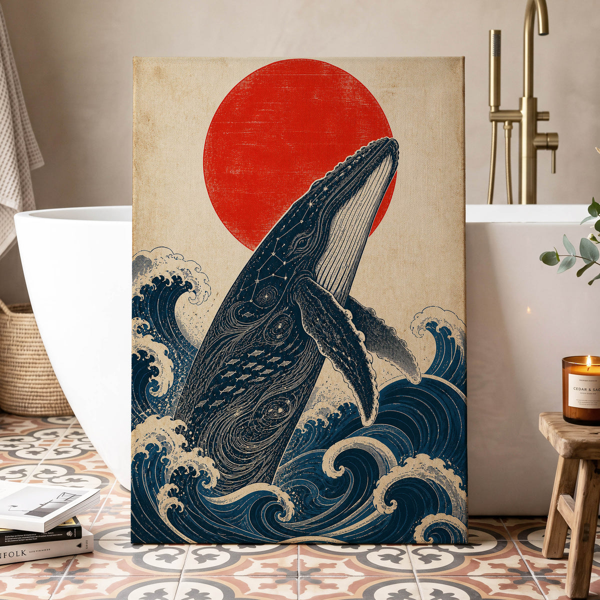 Whale of the Crimson Sun, blue, beige, red nature wall art displayed in a styled interior, gallery view 3