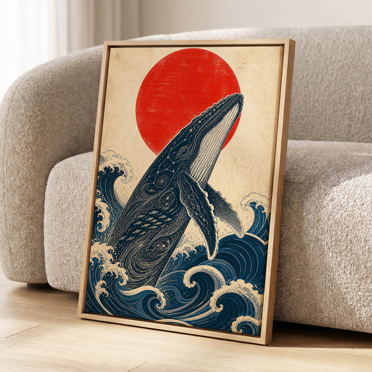 Whale of the Crimson Sun, blue, beige, red nature wall art displayed in a styled interior, gallery view 4