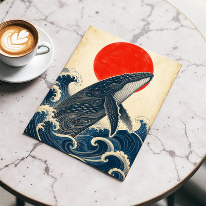 Whale of the Crimson Sun, blue, beige, red nature wall art displayed in a styled interior, gallery view 5