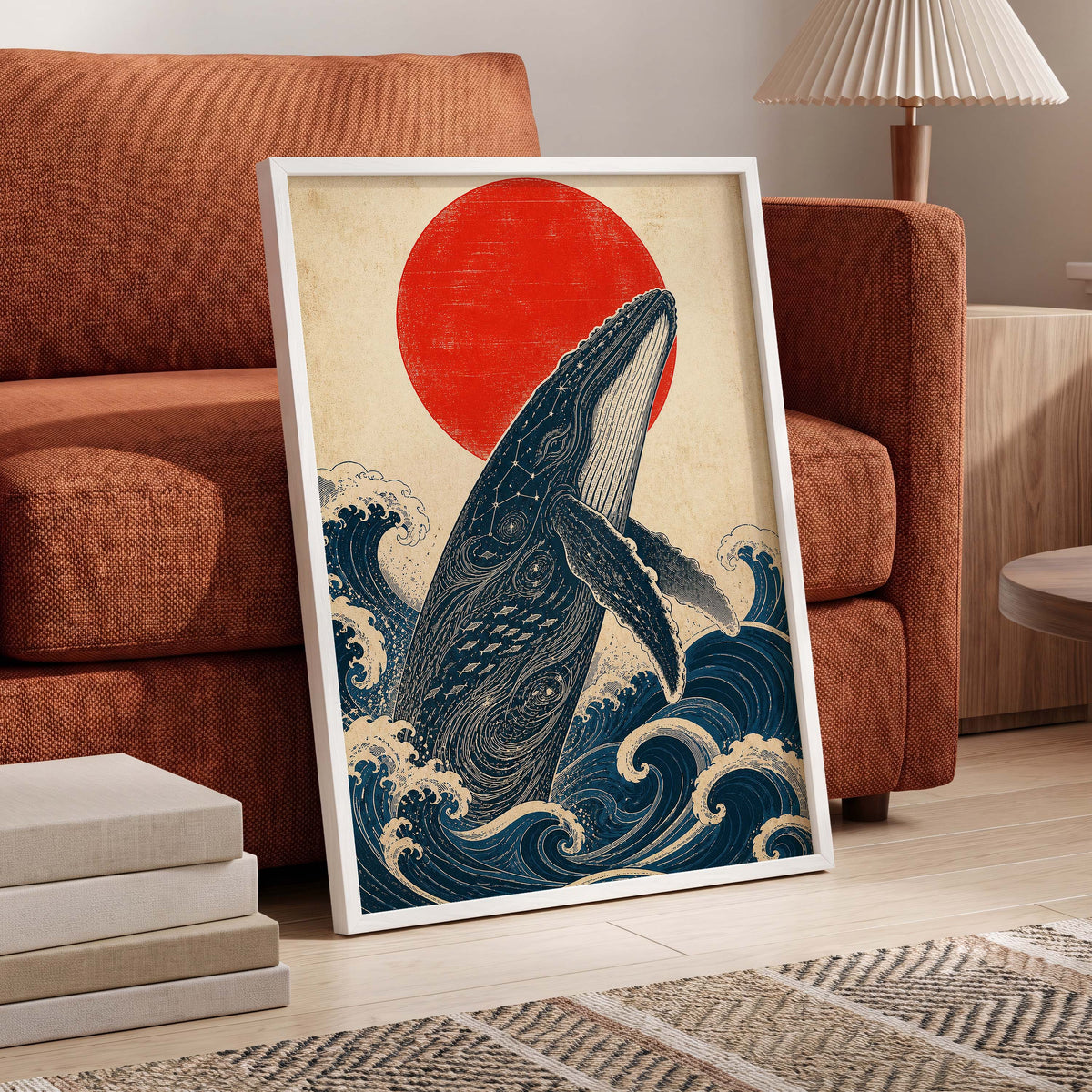 Whale of the Crimson Sun, blue, beige, red nature wall art displayed in a styled interior, gallery view 6