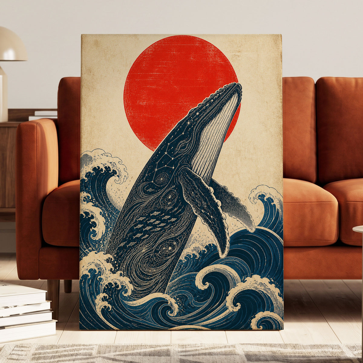 Whale of the Crimson Sun, blue, beige, red nature wall art displayed in a styled interior, gallery view 7