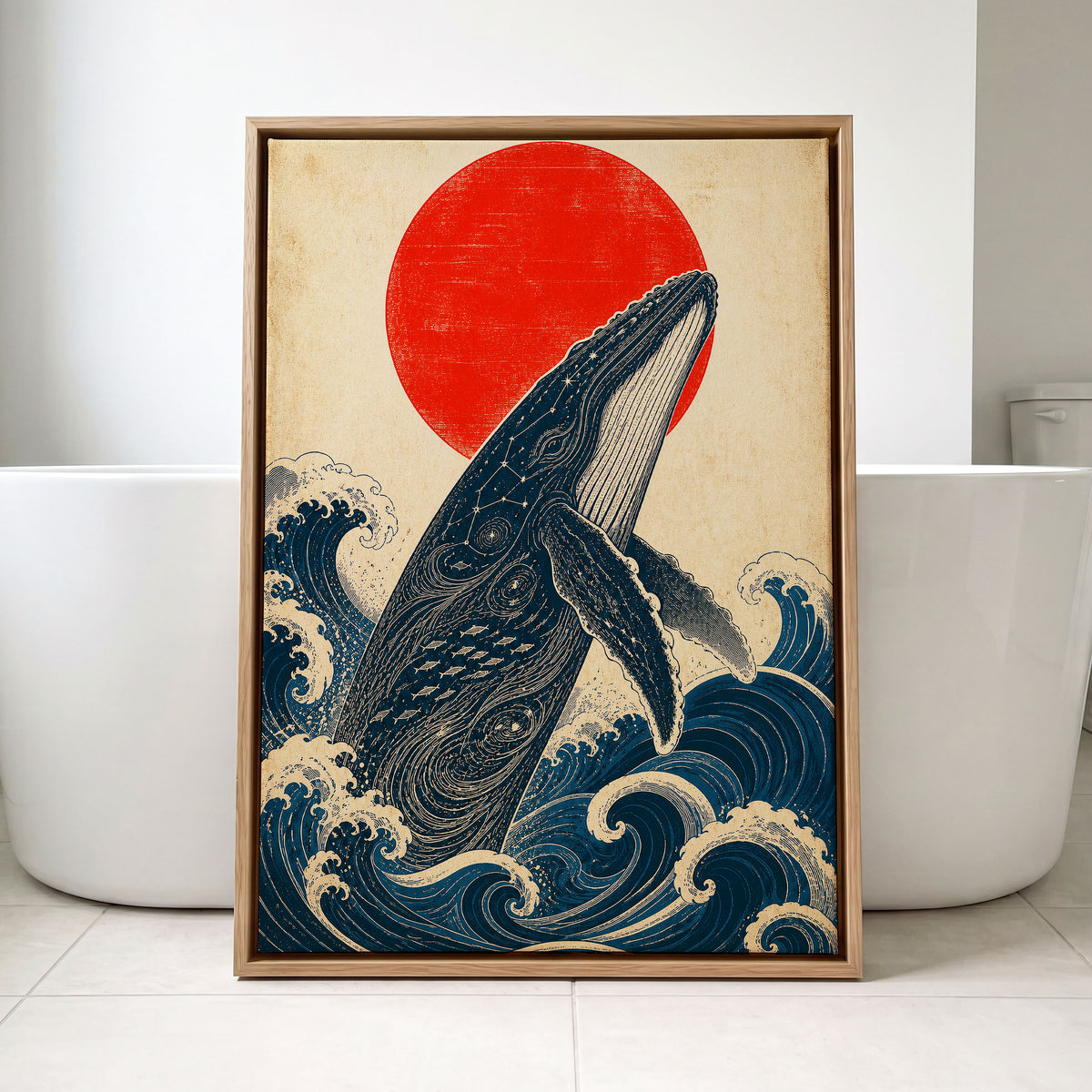 Whale of the Crimson Sun, blue, beige, red nature wall art displayed in a styled interior, gallery view 8