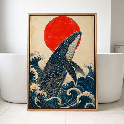 Whale of the Crimson Sun, blue, beige, red nature wall art displayed in a styled interior, gallery view 8