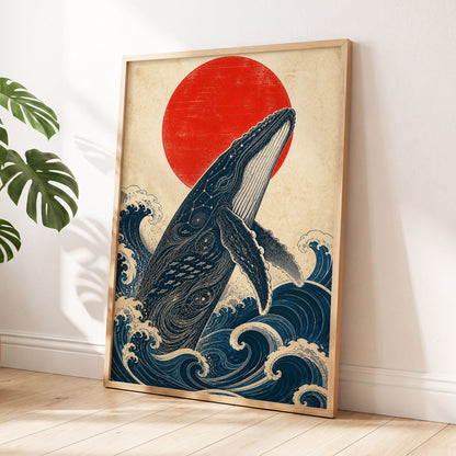Whale of the Crimson Sun, blue, beige, red nature wall art displayed in a styled interior, gallery view 9