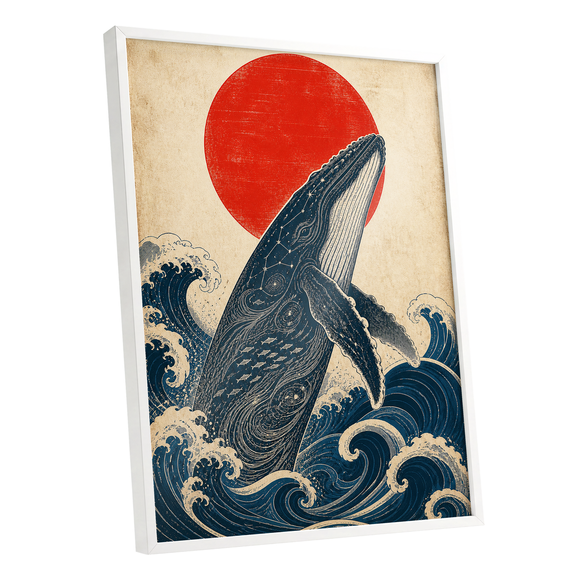 Whale of the Crimson Sun, blue, beige, red nature wall art shown as a white framed poster wall art print