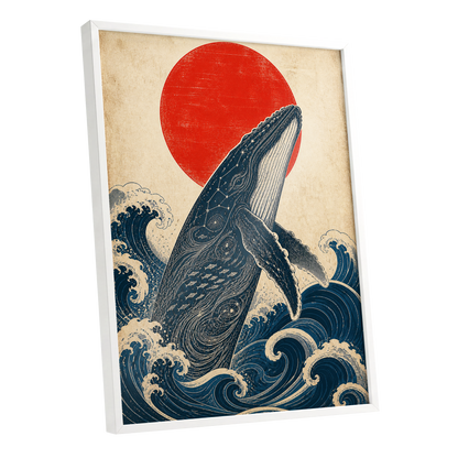 Whale of the Crimson Sun, blue, beige, red nature wall art shown as a white framed poster wall art print