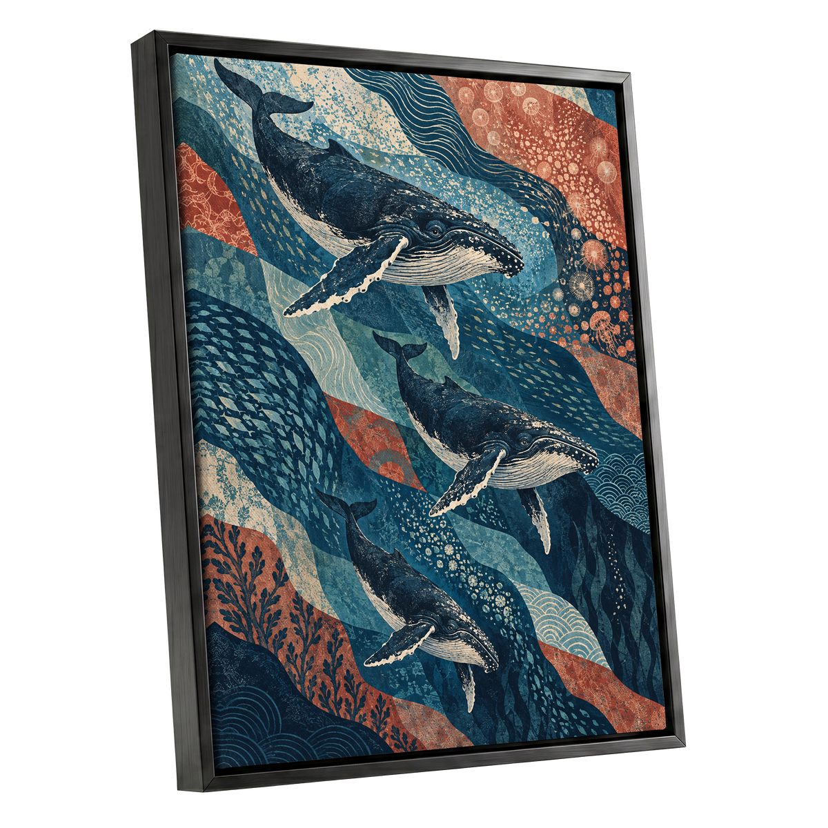 Whale Tide Symphony, blue, beige, orange nature wall art shown as a black framed canvas wall art
