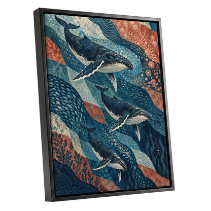 Whale Tide Symphony, blue, beige, orange nature wall art shown as a black framed canvas wall art
