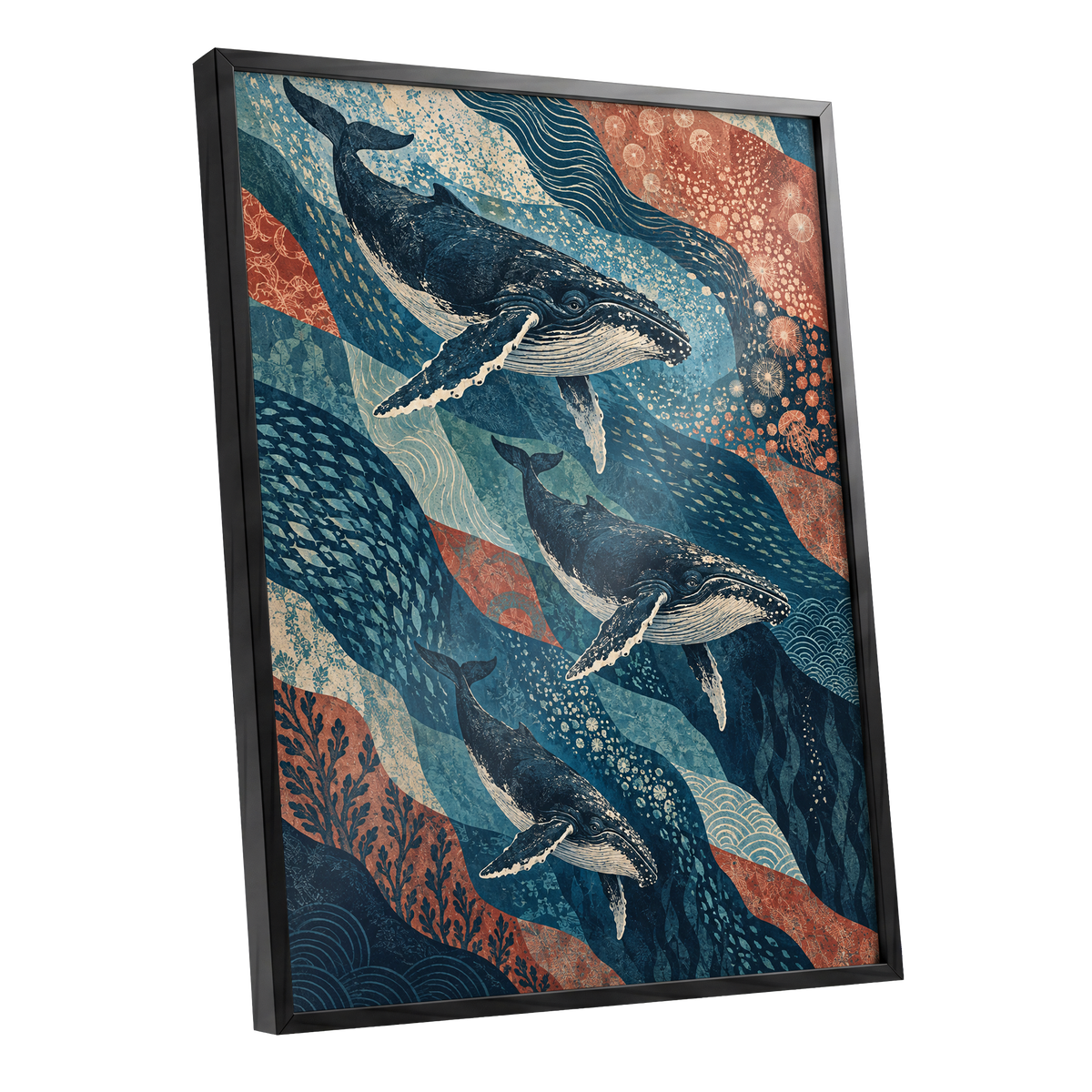 Whale Tide Symphony, blue, beige, orange nature wall art shown as a black framed poster wall art print