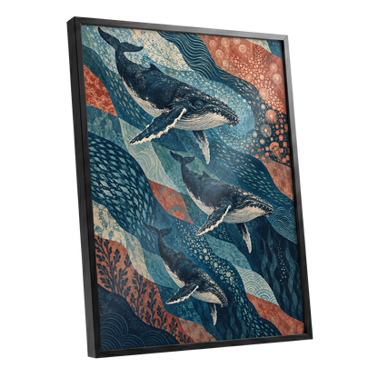 Whale Tide Symphony, blue, beige, orange nature wall art shown as a black framed poster wall art print